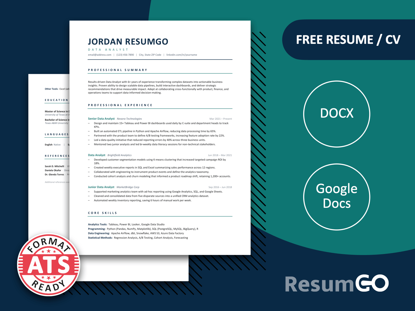 Clean professional resume template with Green teal accents, ATS-ready layout, and editable Word and Google Docs format