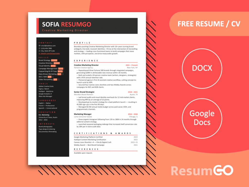 Gladstone bold coral resume template with dark sidebar, strong header, and modern two-column layout