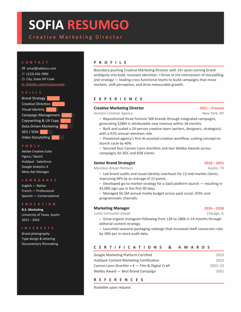 Gladstone Bold Coral Resume Template Preview Gladstone bold coral resume template preview showing dark sidebar, coral accents, and clean resume sections