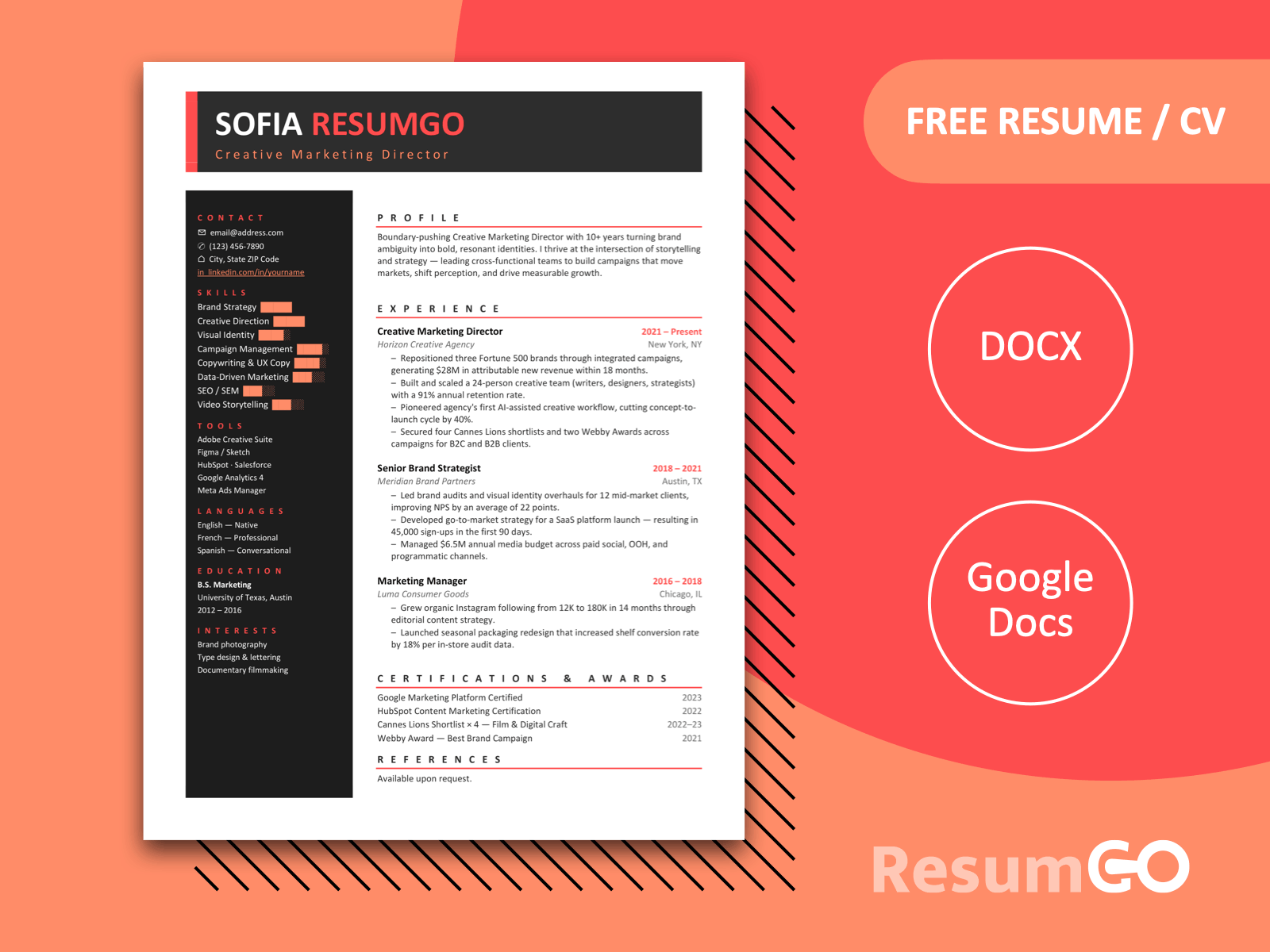 Gladstone bold coral resume template with dark sidebar, strong header, and modern two-column layout