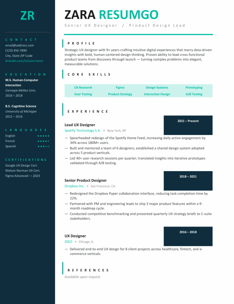 Huntington Green Resume Template Preview Preview of the Huntington green resume template with bold sidebar, structured skills table, and clean experience layout.