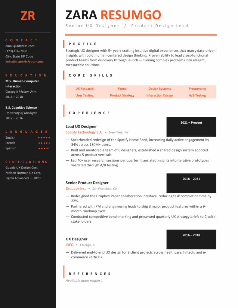 Huntington Orange Resume Template Preview Preview of the Huntington orange resume template with bold sidebar, structured skills table, and clean experience layout.