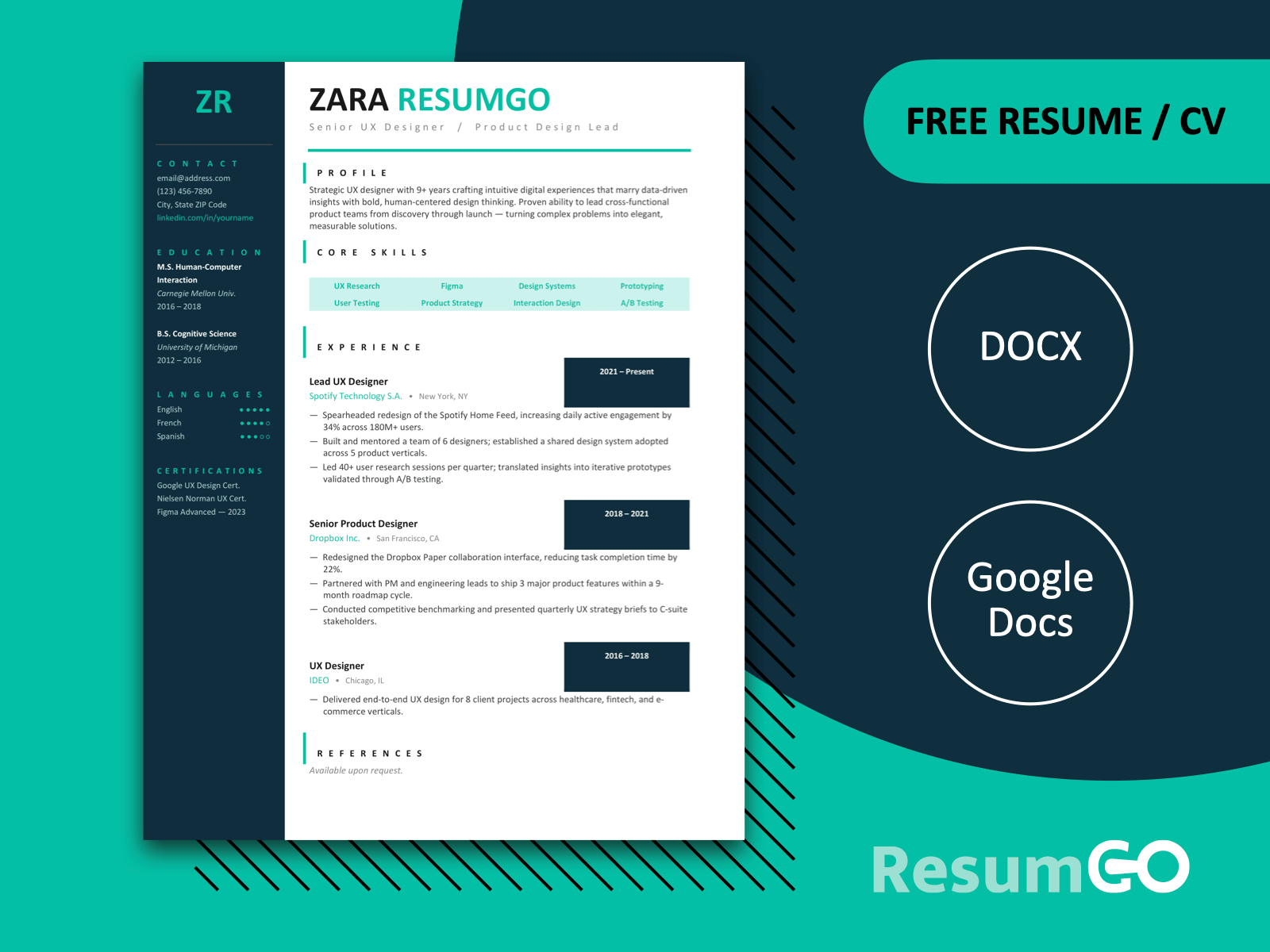 Huntington bold sidebar resume template in green with deep navy sidebar and teal accents for Word and Google Docs.