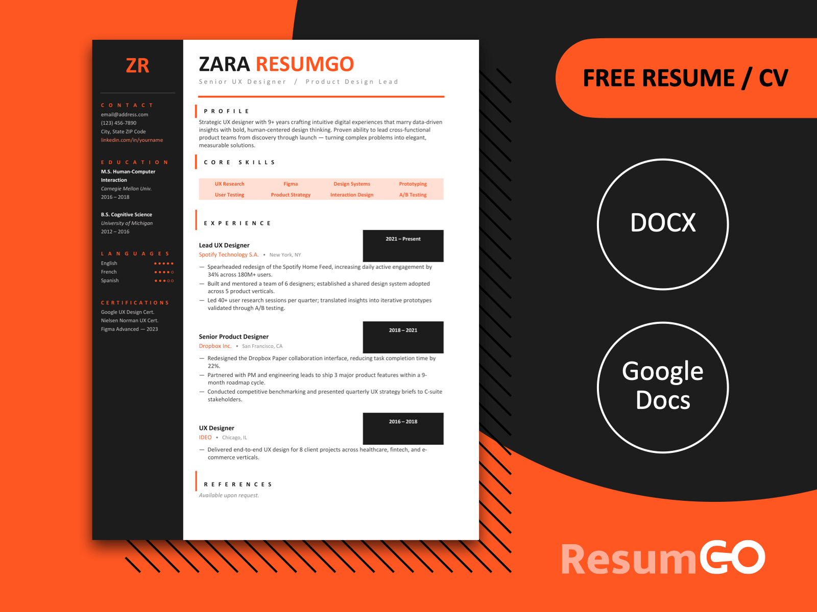 Huntington bold sidebar resume template in orange with near-black sidebar and burnt orange accents for Word and Google Docs.