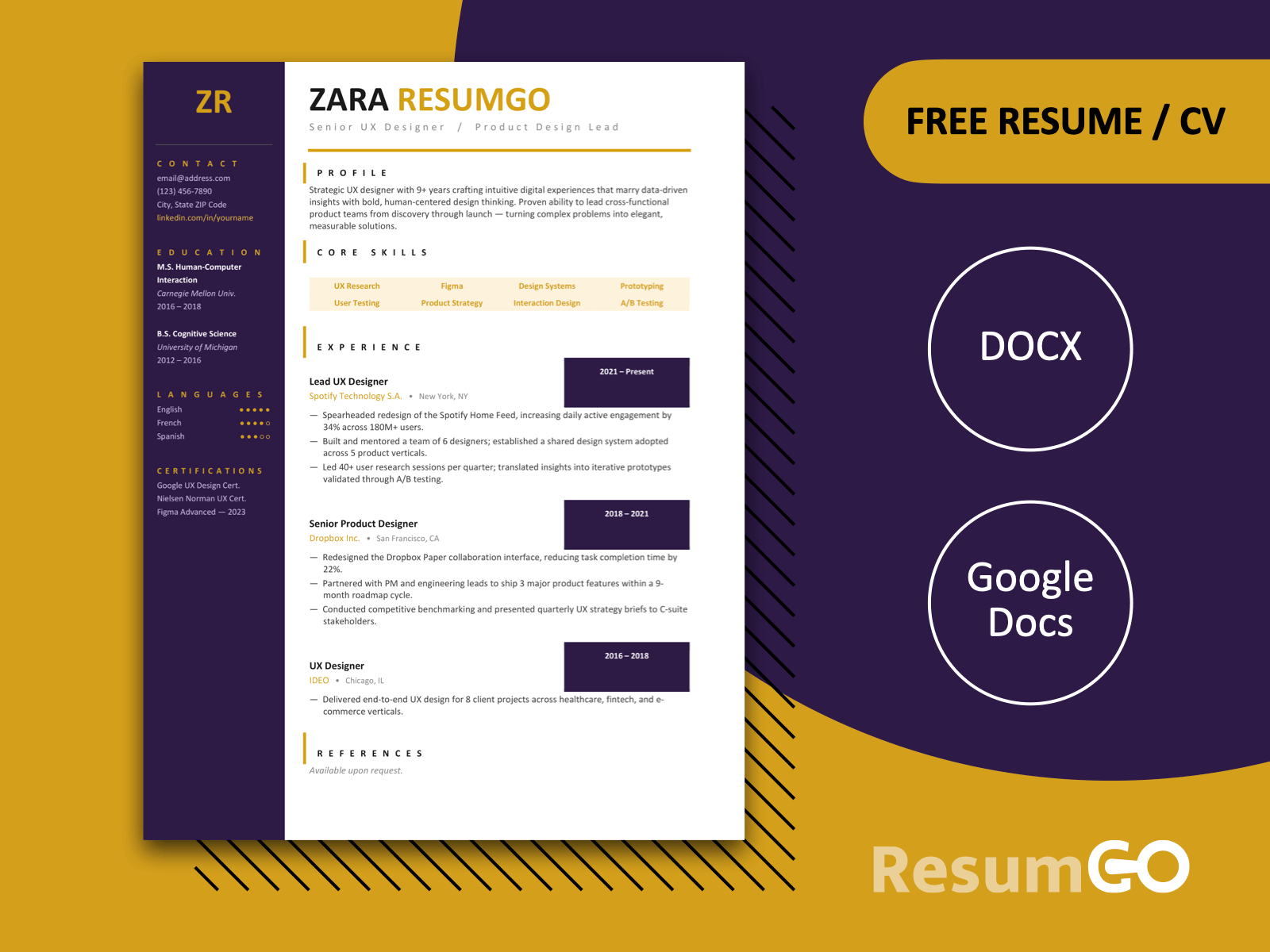 Huntington bold sidebar resume template in yellow with dark purple sidebar and warm gold accents for Word and Google Docs.