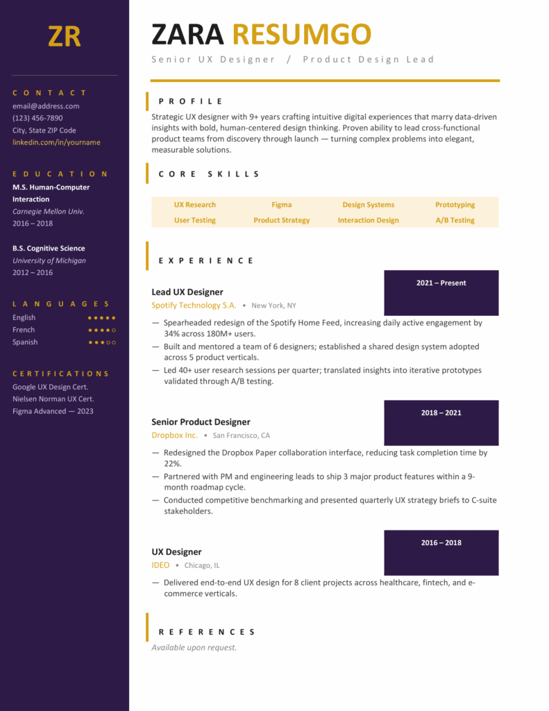 Huntington Yellow Resume Template Preview Preview of the Huntington yellow resume template with bold sidebar, structured skills table, and clean experience layout.