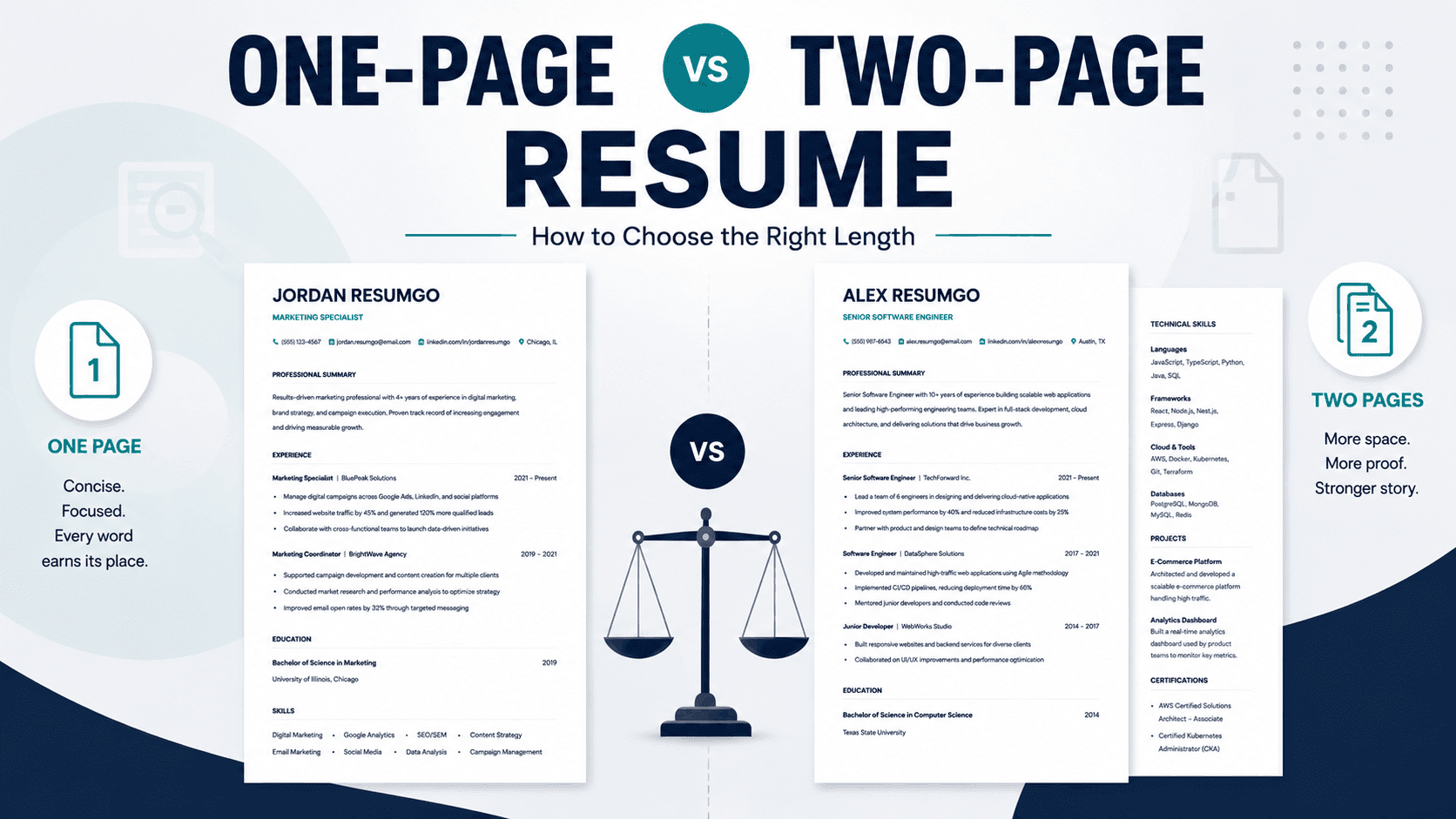 Side-by-side comparison of a one-page resume and a two-page resume with a balance scale, illustrating how to choose the right resume length