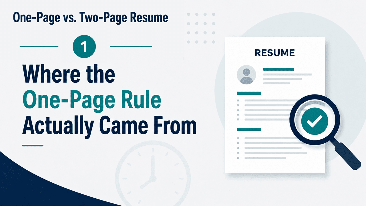 Illustrated resume with a magnifying glass and checkmark, section 1 of the one-page vs two-page resume guide