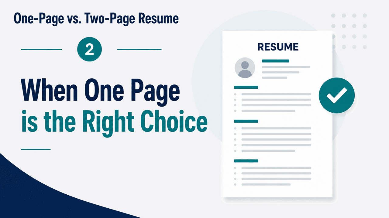 Clean one-page resume illustration with a teal checkmark, from the ResumGO guide on choosing the right resume length