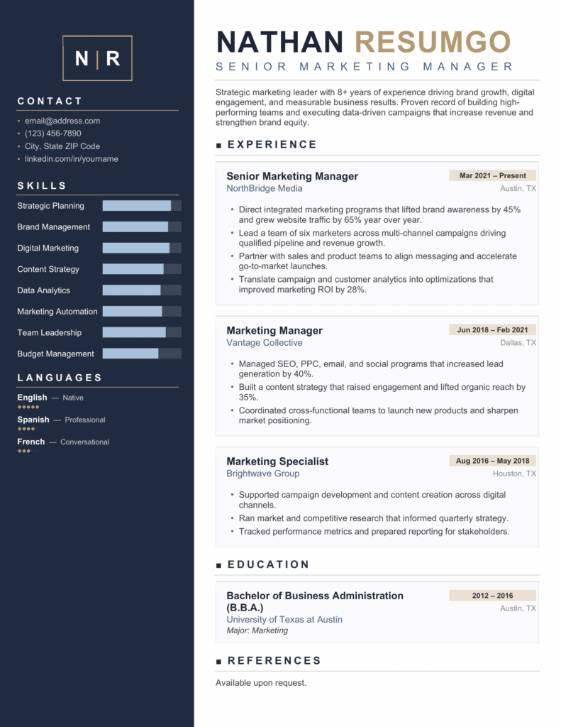 Preview of the Joanina modern sidebar resume with blue sidebar, gold accents, skills bars, and dot ratings