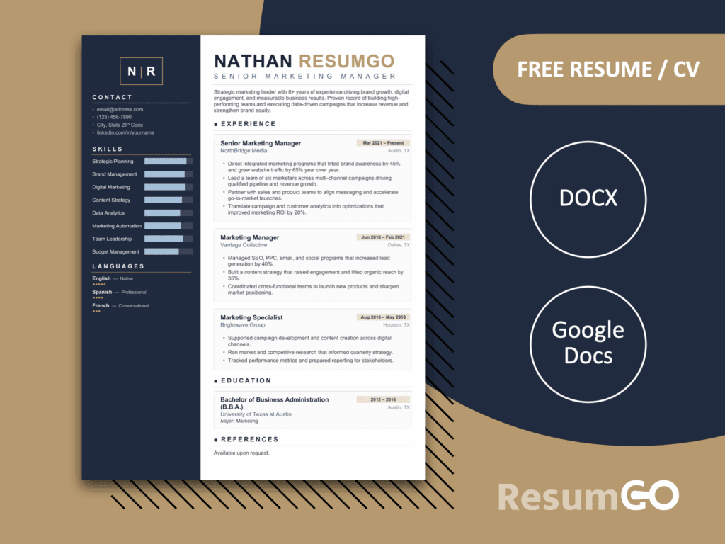 Joanina modern sidebar resume template with blue layout, gold accents, skills bars, and clean sections
