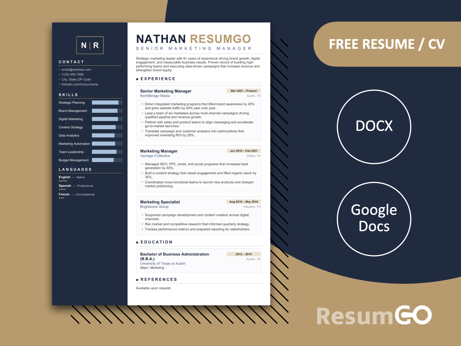 Joanina modern sidebar resume template with blue layout, gold accents, skills bars, and clean sections