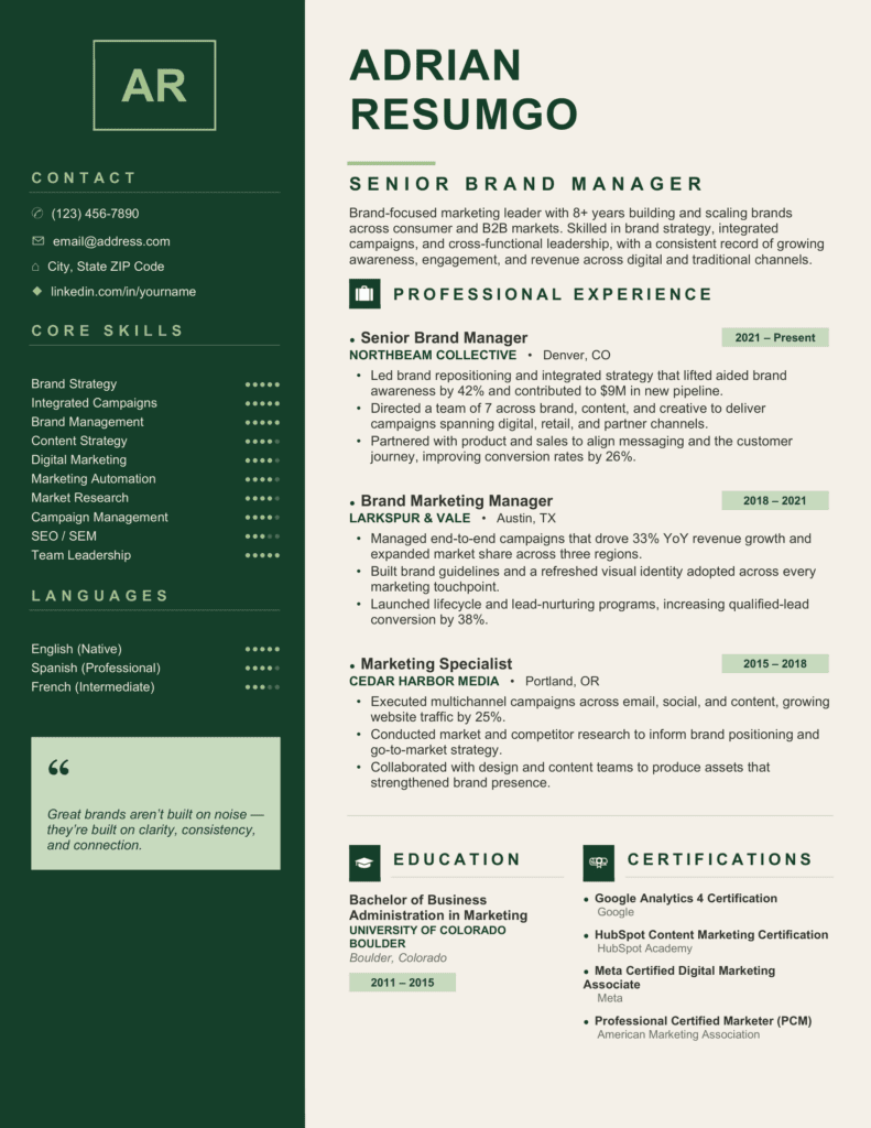 Kornik green resume screenshot showing dark sidebar, section icons, dot ratings, and quote block