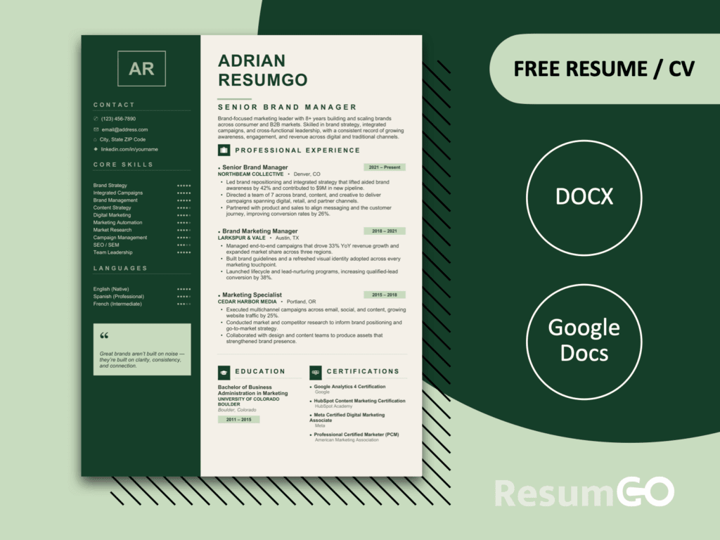 Kornik modern green resume template with dark sidebar, icons, dot ratings, and quote block