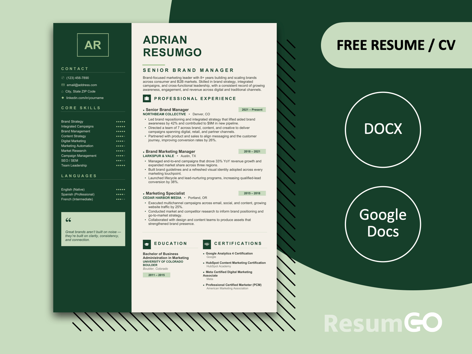 Kornik modern green resume template with dark sidebar, icons, dot ratings, and quote block