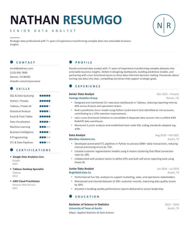 Laurentian Clean Modern Resume Template Preview Laurentian resume template preview showing blue sidebar, skill dots, quote block, and clean sections