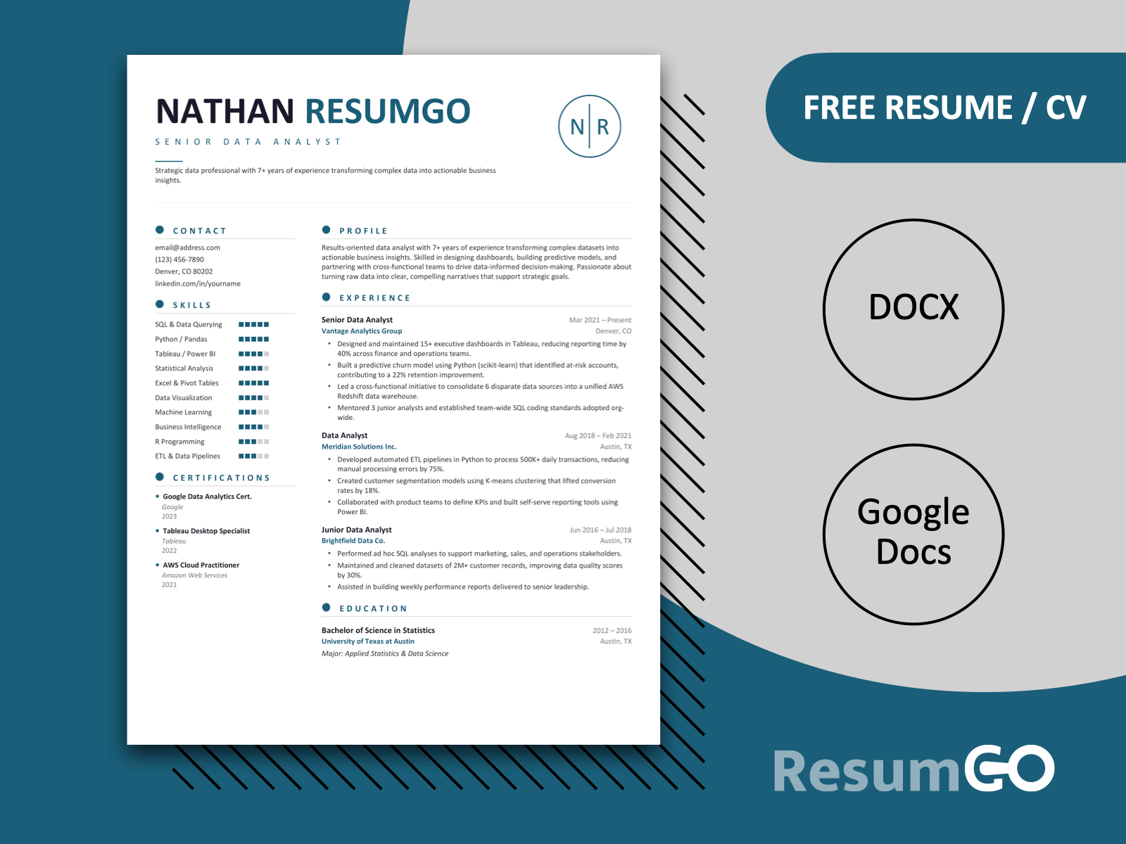 Laurentian clean modern resume template with blue accents, sidebar quote block, and skill dots