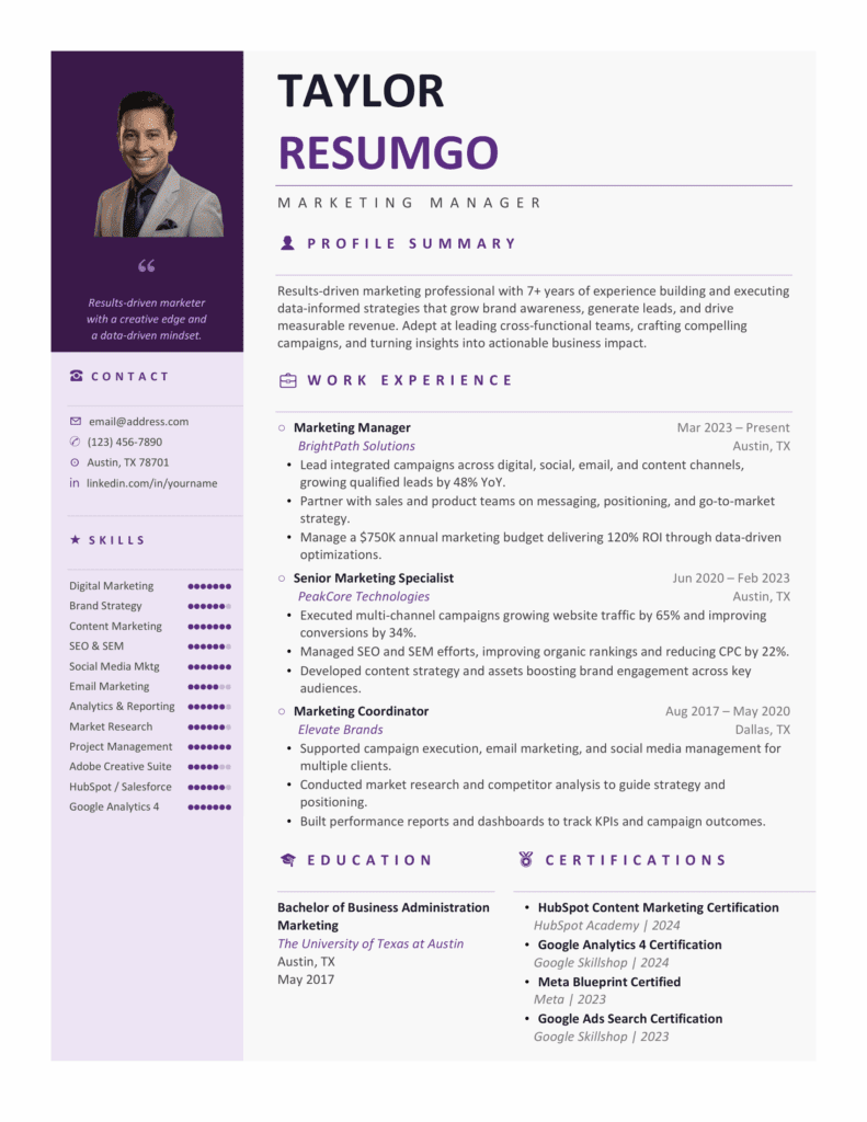 Newberry Purple Sidebar Resume Template Preview Preview of the Newberry Purple Sidebar Resume Template with photo sidebar and icon sections