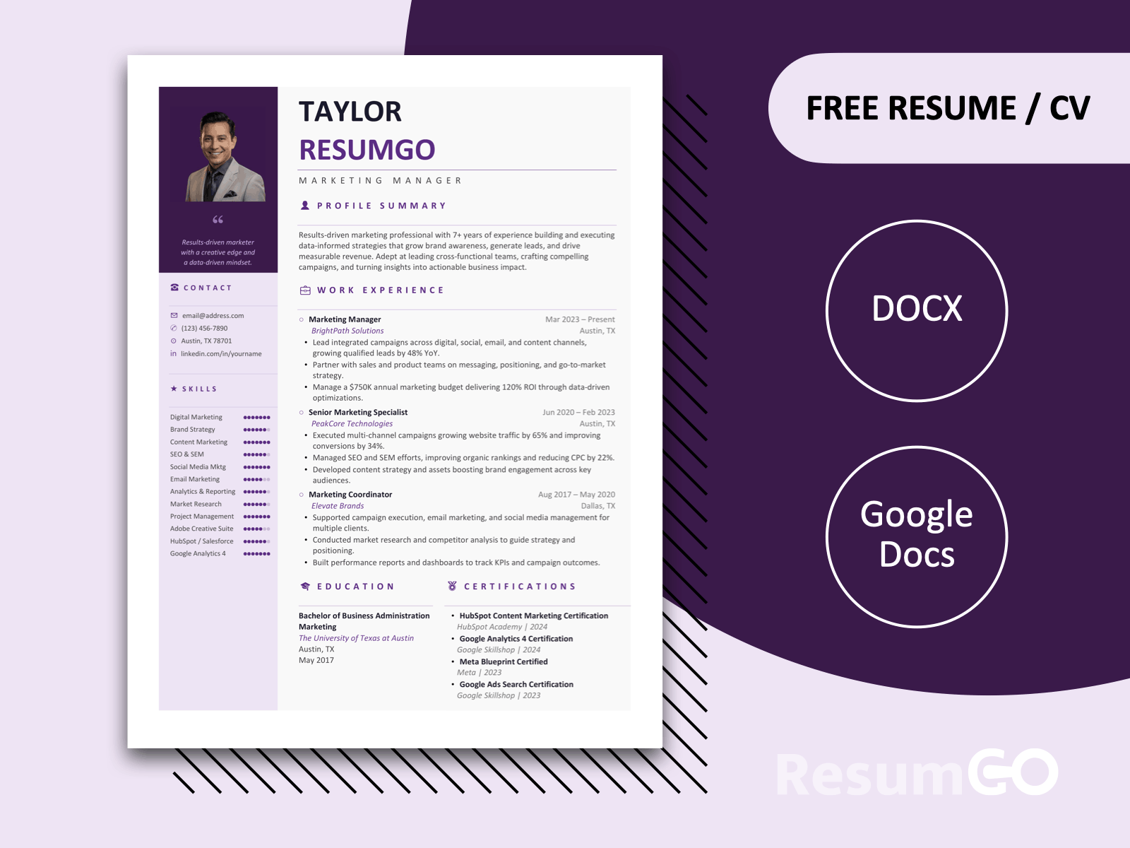 Newberry Purple Sidebar Resume Template with photo placeholder, icons, and skill rating dots