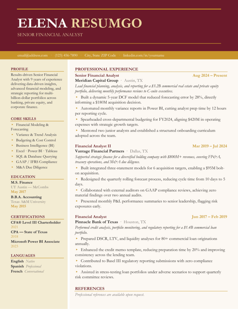 Oodi resume template preview showing a deep brown header, gold accents, and clean two-column layout
