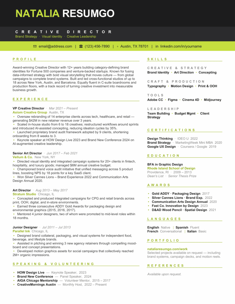 Palafoxiana Green Stripe Resume Template Preview Palafoxiana resume template preview showing green stripe, bold dark header, and clean sections