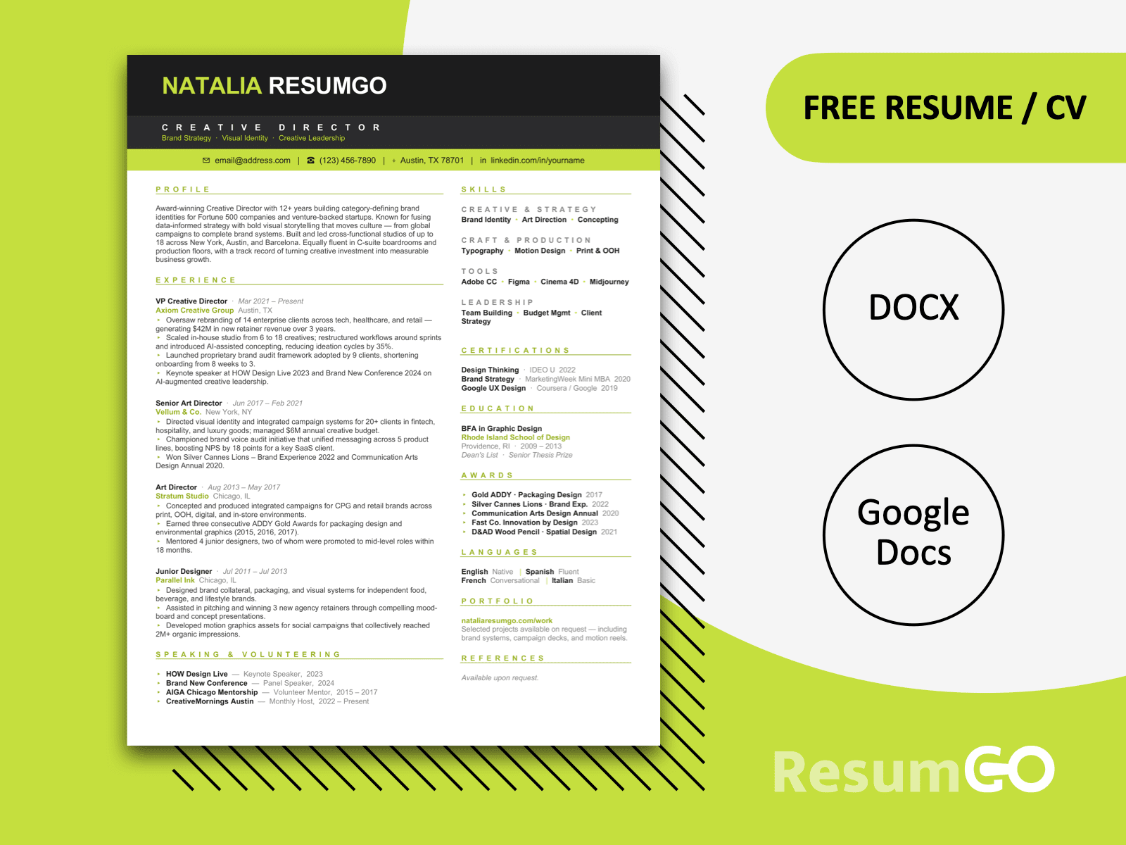 Palafoxiana green stripe resume template with bold header and modern two-column layout