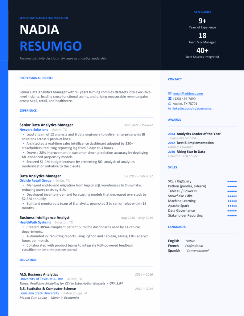 Queriniana Blue Sidebar Resume Screenshot Queriniana resume template screenshot showing a bold header, blue sidebar, and organized sections