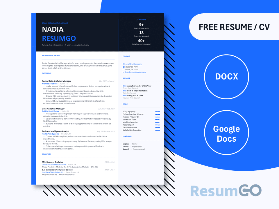 Queriniana Blue Sidebar Resume Template with bold dark header, blue accents, and skill rating dots