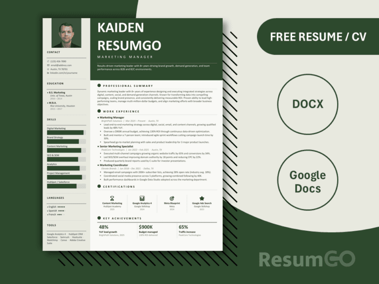 Richelieu executive green resume template with bold header, photo sidebar, skill bars, and clean layout