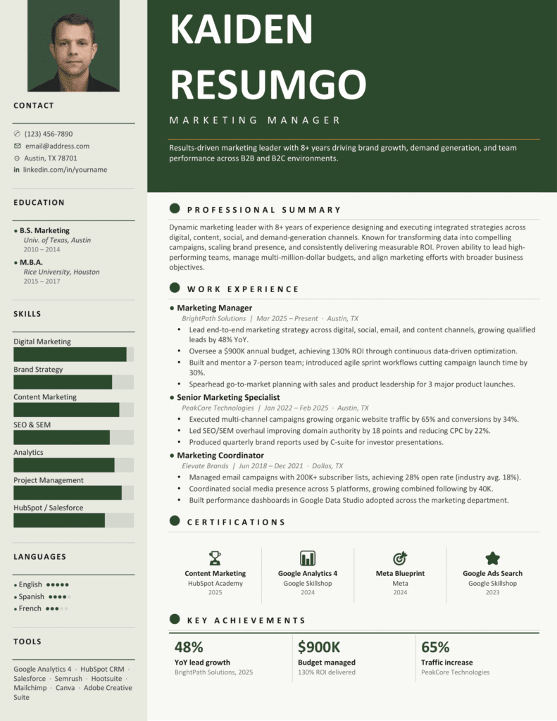 Preview of the Richelieu executive green resume template with photo sidebar and organized resume sections