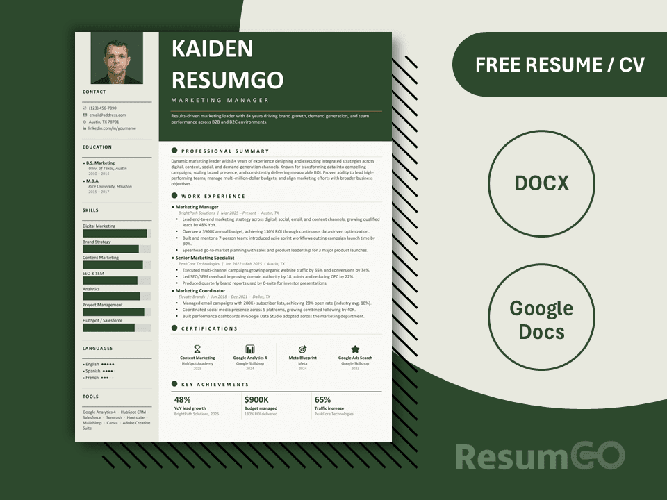Richelieu executive green resume template with bold header, photo sidebar, skill bars, and clean layout