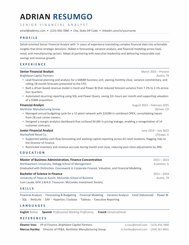 Preview of the Strahov Precision Line Resume Template with clean blue dividers and structured sections
