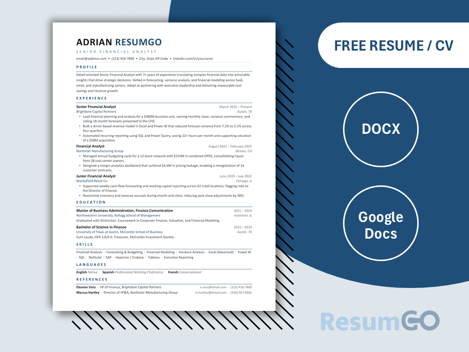 Strahov Precision Line Resume Template with blue accents and a clean professional layout