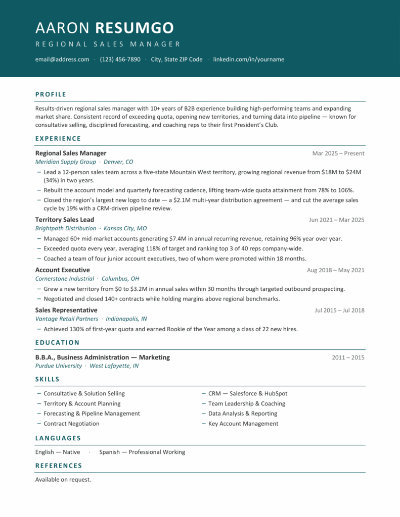 Aruba Header Band Resume Template Preview Preview of the Aruba Header Band Resume Template showing the one-page layout with a bold green header and organized resume sections.