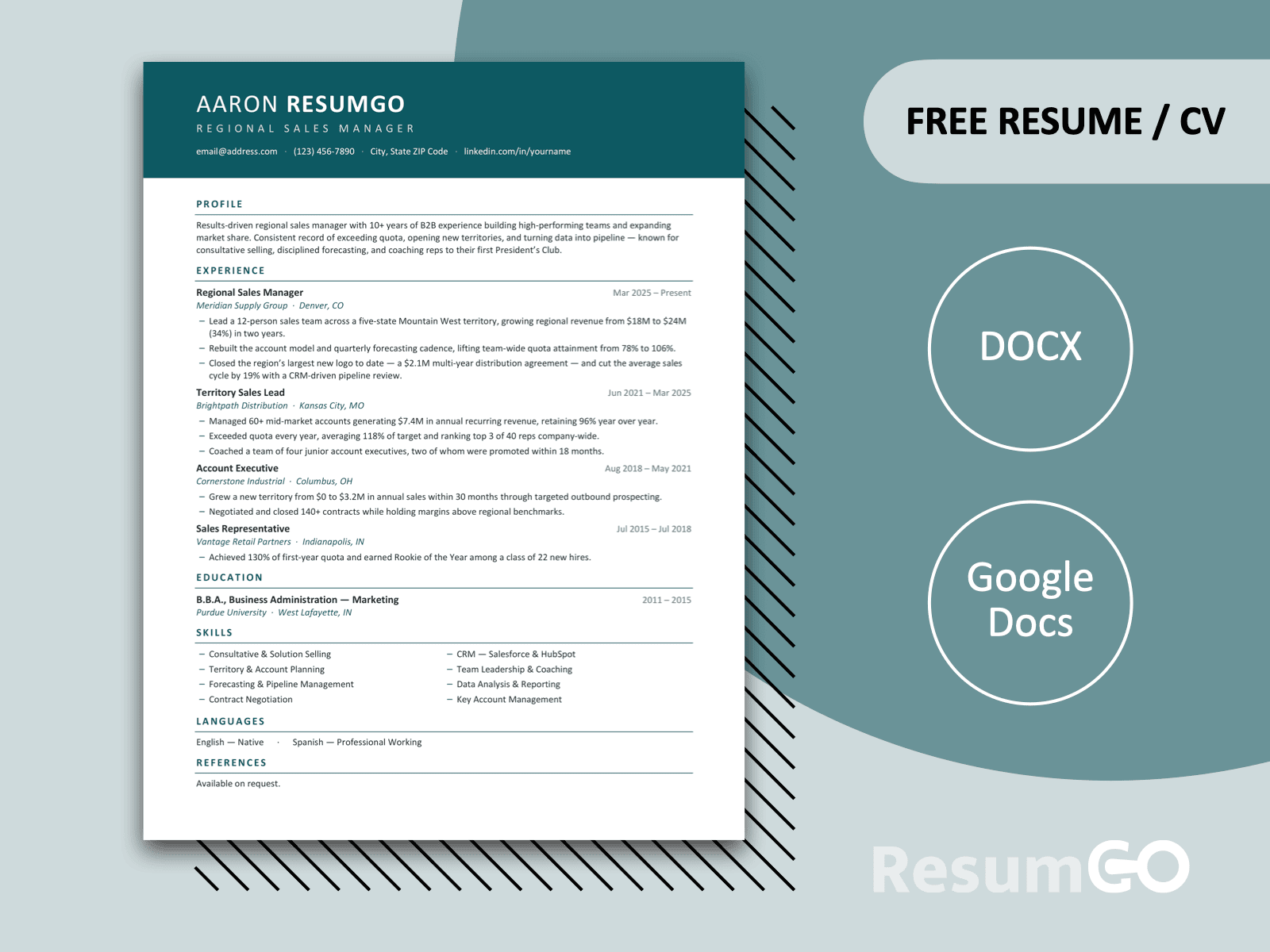Aruba Header Band Resume Template featuring a bold green header band and clean one-page layout for Word and Google Docs.