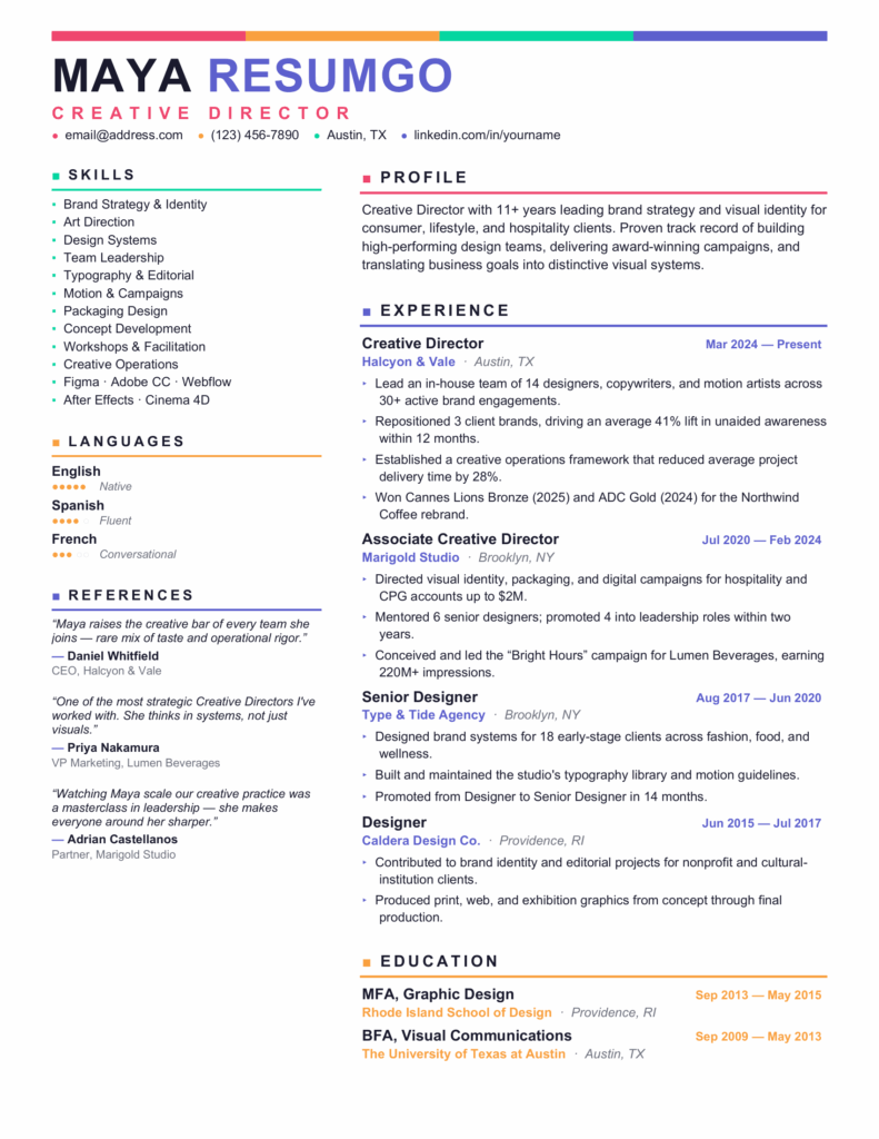 Trinity Multicolor Creative Resume Template Preview Trinity multicolor creative resume template screenshot showing colorful accents and language rating dots