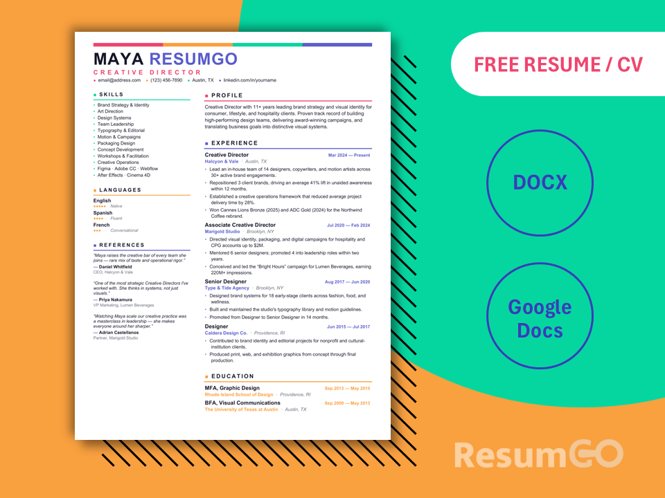 Trinity multicolor creative resume template with colorful accents and language rating dots