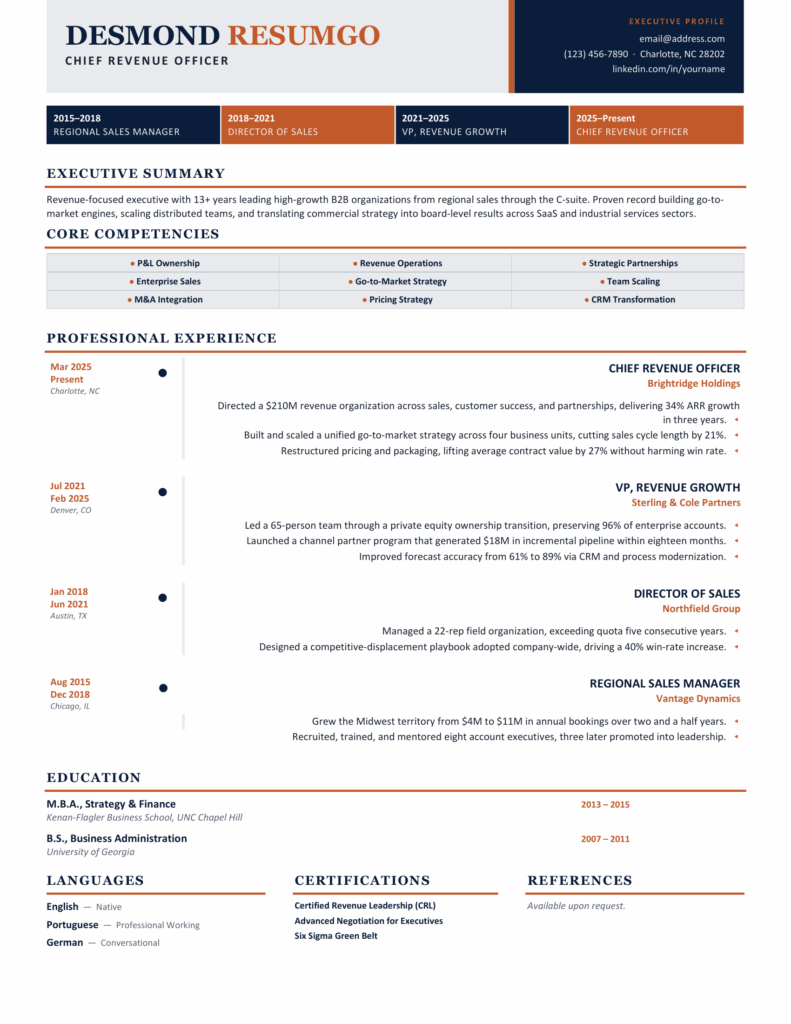 Utrecht resume template preview with executive timeline, navy banner, and structured skills section
