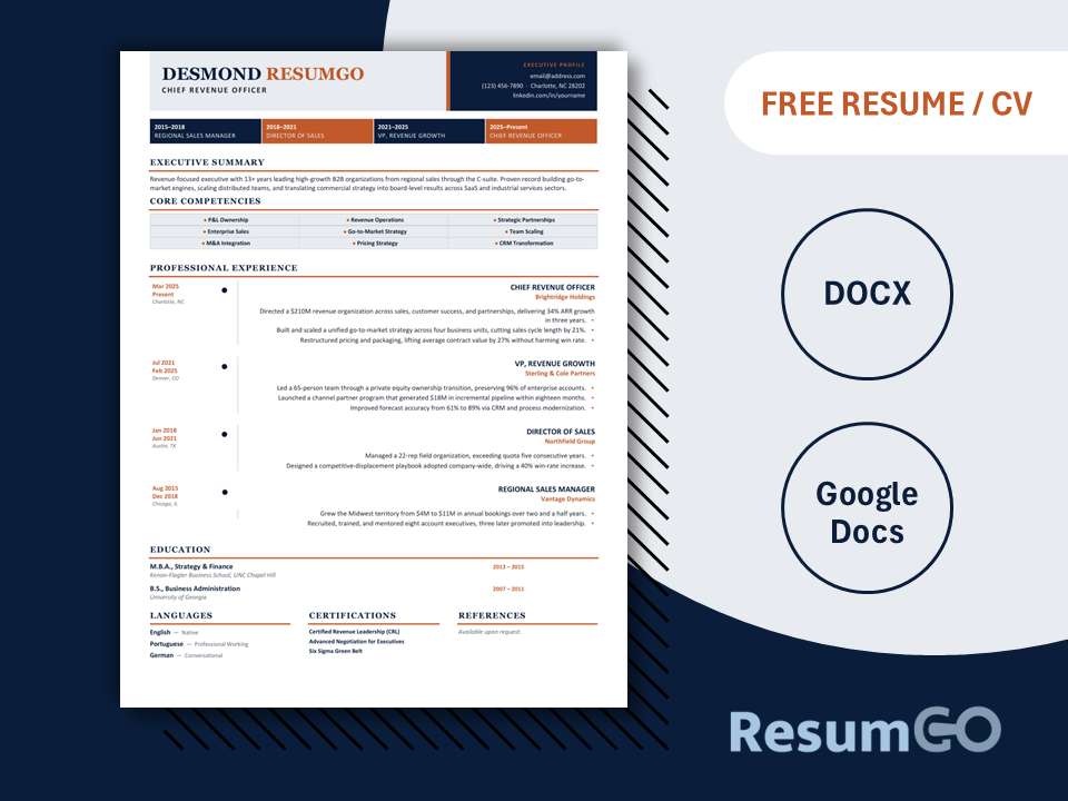 Utrecht Executive Timeline Resume Template with navy header, ochre accents, and career timeline