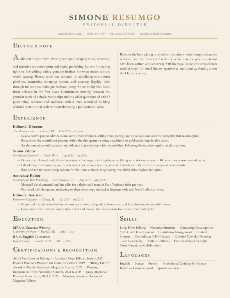 Vallicelliana Elegant Editorial Resume Template Preview First page preview of the Vallicelliana Elegant Editorial Resume Template featuring an editorial layout, Garamond font, and two-column introduction.