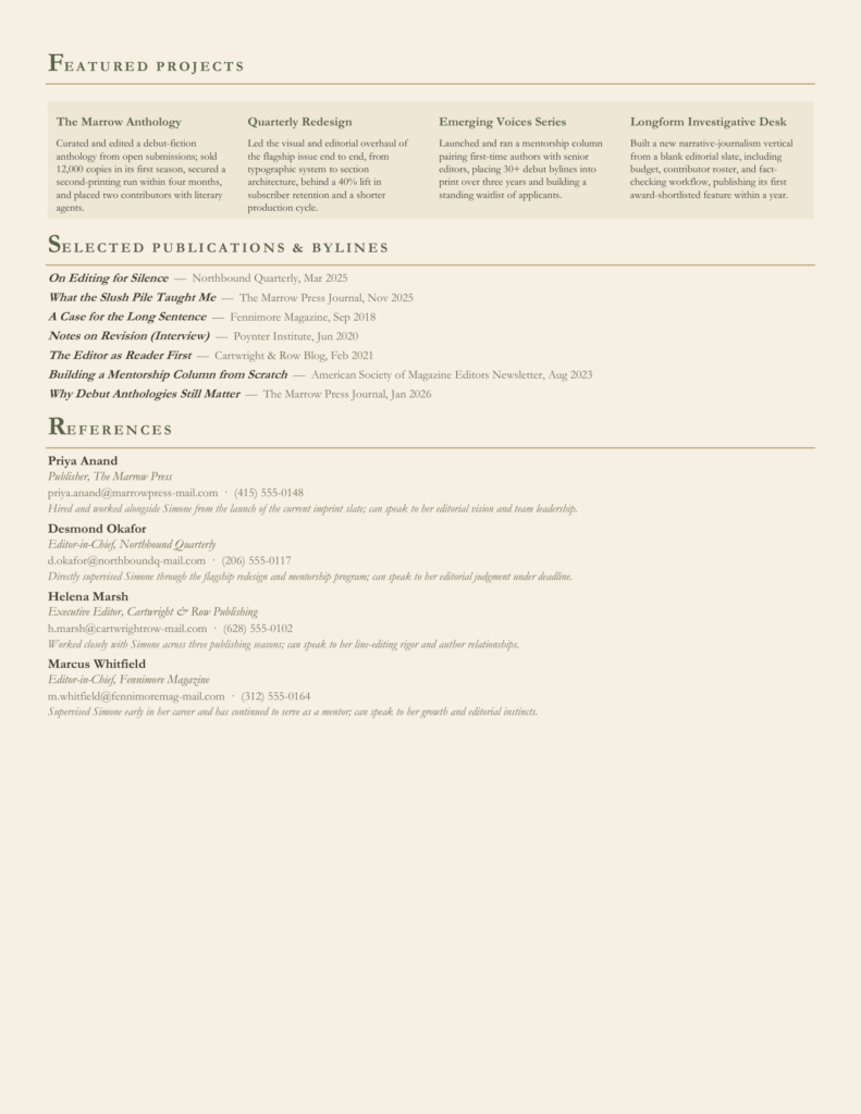 Vallicelliana Elegant Editorial Resume Template Projects and References Preview Second page preview of the Vallicelliana Elegant Editorial Resume Template showing featured projects, publications, and references in an elegant editorial design.