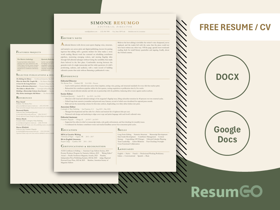 Vallicelliana Elegant Editorial Resume Template with Garamond typography, editorial layout, and refined brown color palette for Word and Google Docs.