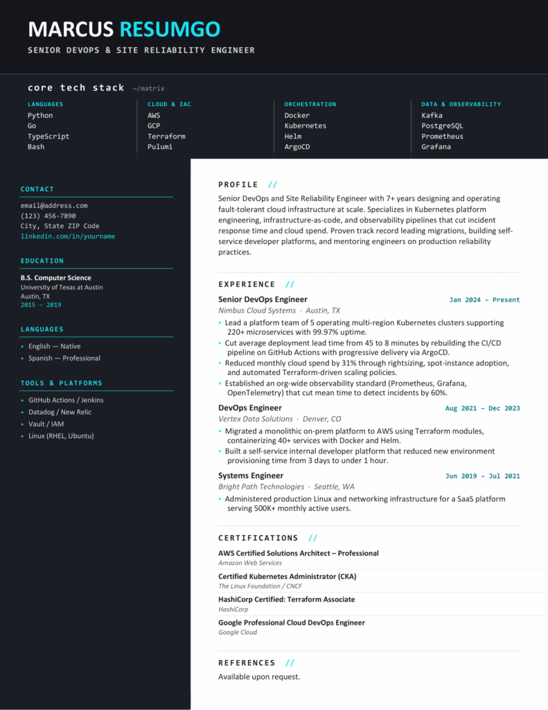 Wiblingen Tech Grid Resume Preview Wiblingen resume preview showing a dark sidebar, Core Tech Stack matrix, and clean technical grid sections.