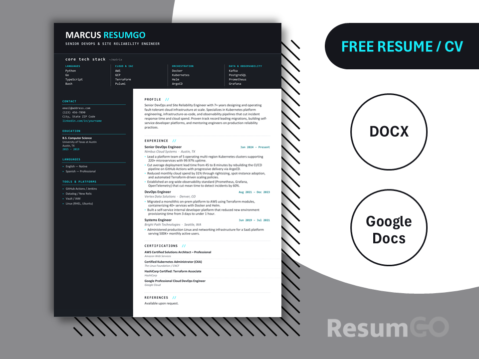 Wiblingen tech grid resume template with a dark sidebar, cyan accents, and a structured modern layout.