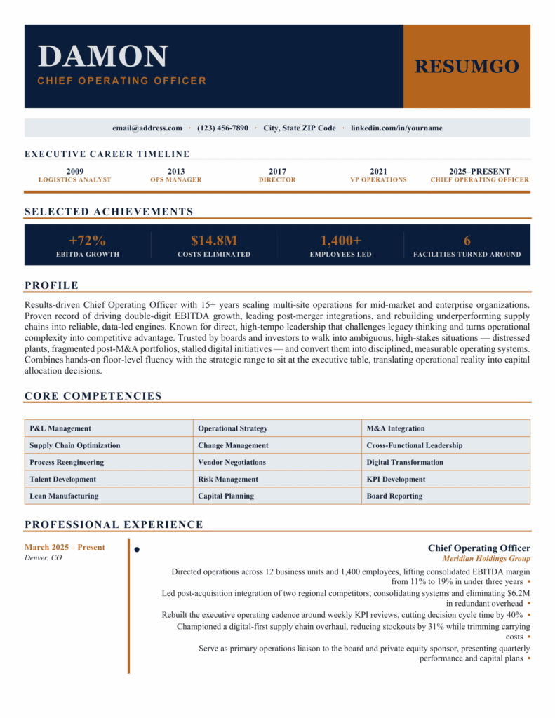 Xujiahui Bold Executive Resume Template First Page First page of the Xujiahui executive resume with a bold banner, career timeline, achievements, and competencies
