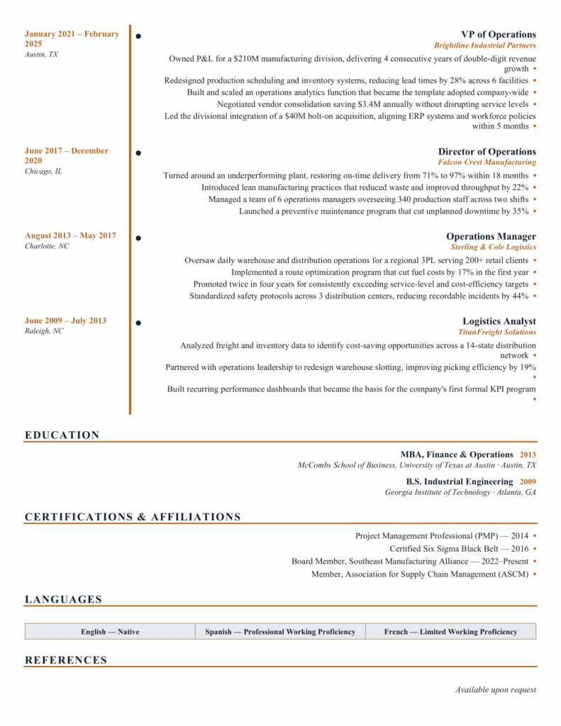 Xujiahui Bold Executive Resume Template Second Page Second page of the Xujiahui executive resume with a vertical experience timeline, education, and certifications