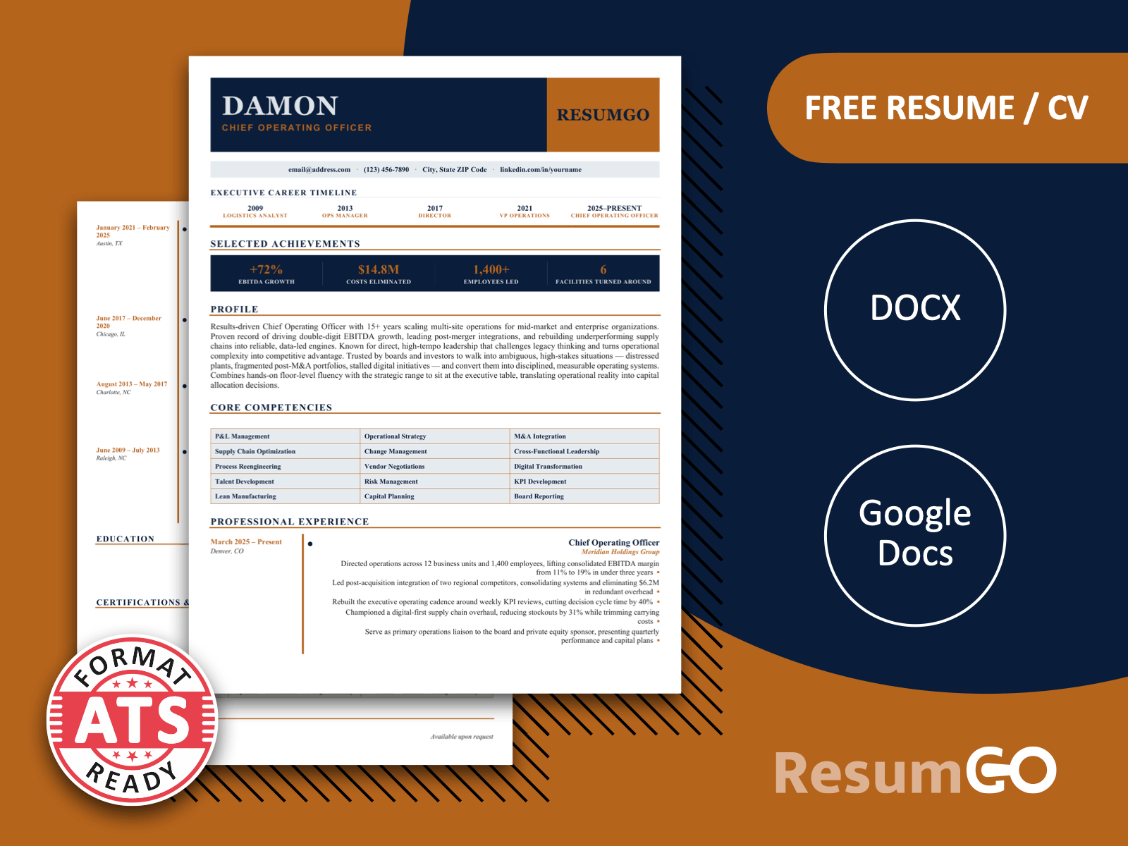 Xujiahui bold executive resume template with a navy banner, career timeline, achievement bar, and ochre accents
