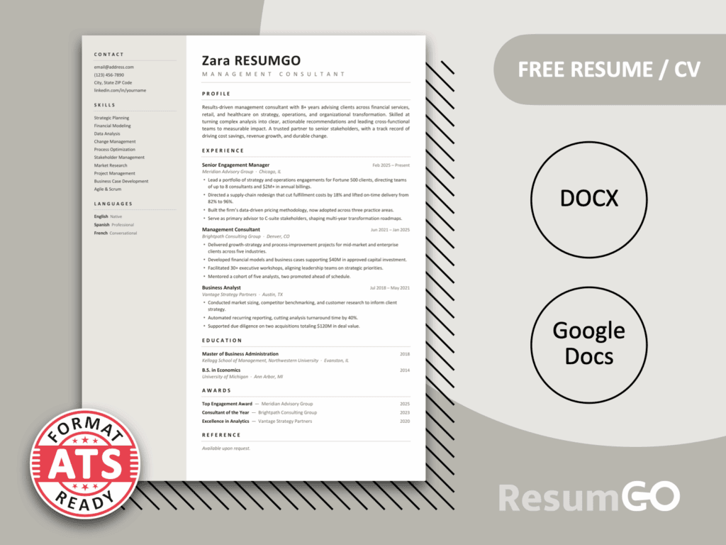 Zaluski Quiet Sidebar Resume Template featuring a soft gray sidebar, ATS-friendly one-page layout, and editable Word and Google Docs formats.