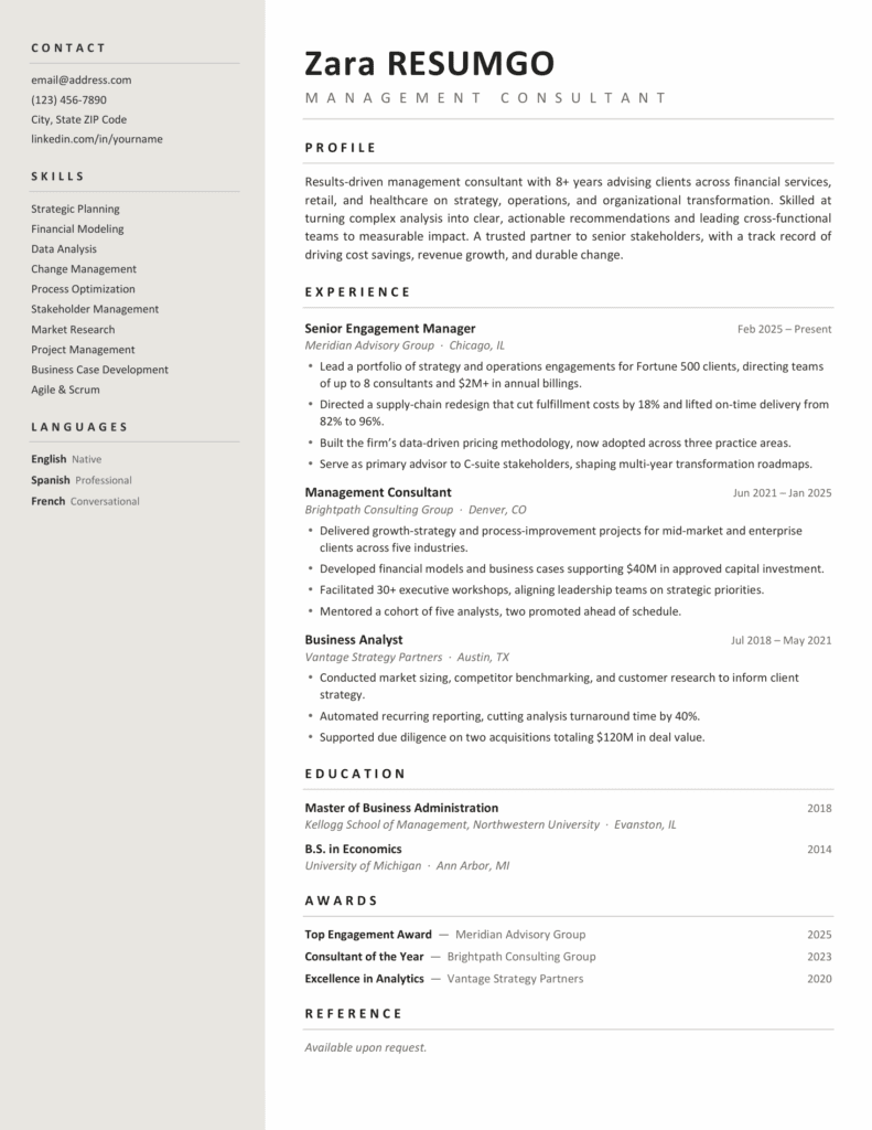 Zaluski Quiet Sidebar Resume Template Preview Preview of the Zaluski Quiet Sidebar Resume Template showing the one-page ATS-friendly layout with a soft gray sidebar and structured two-column design.