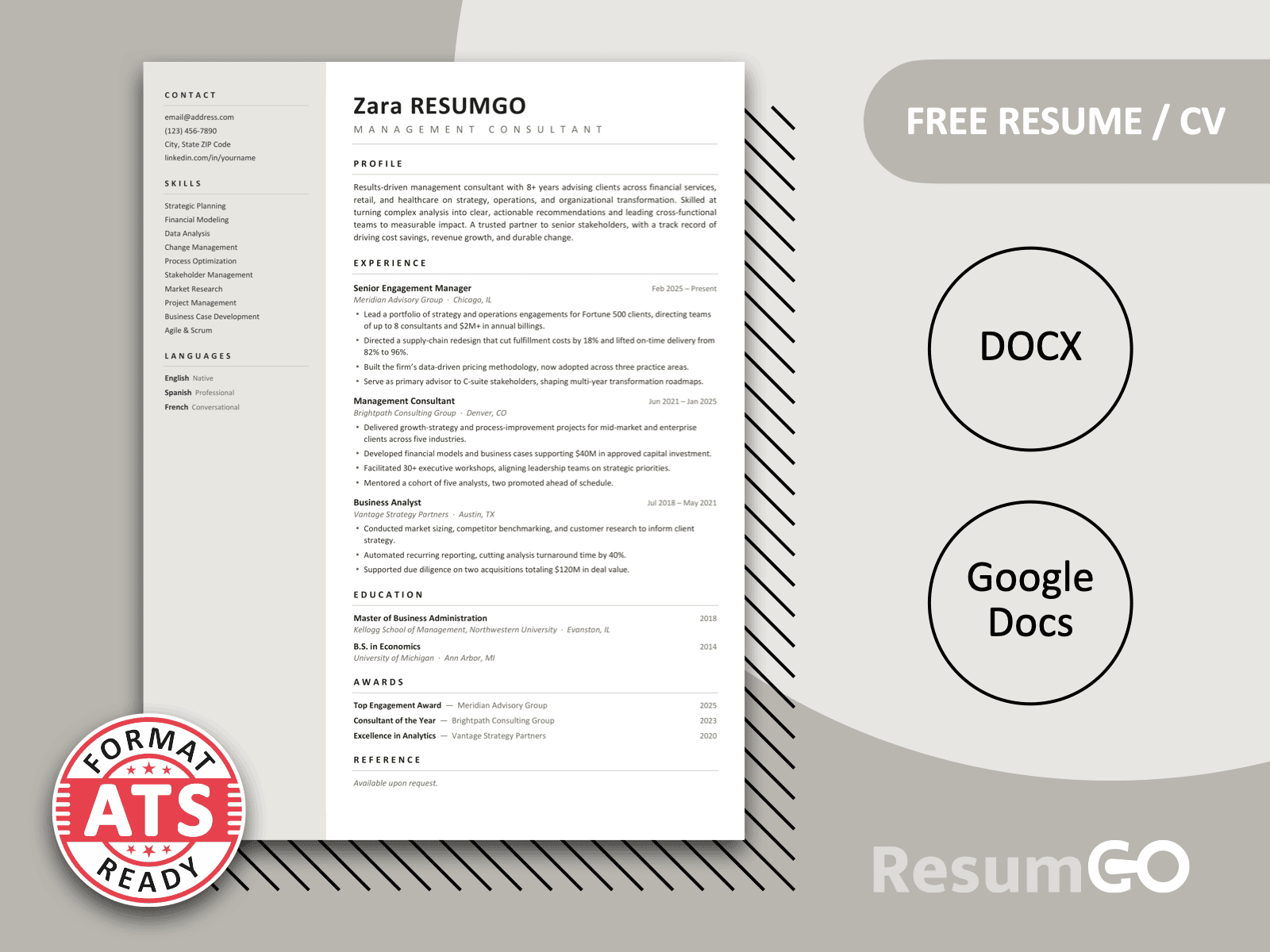Zaluski Quiet Sidebar Resume Template featuring a soft gray sidebar, ATS-friendly one-page layout, and editable Word and Google Docs formats.